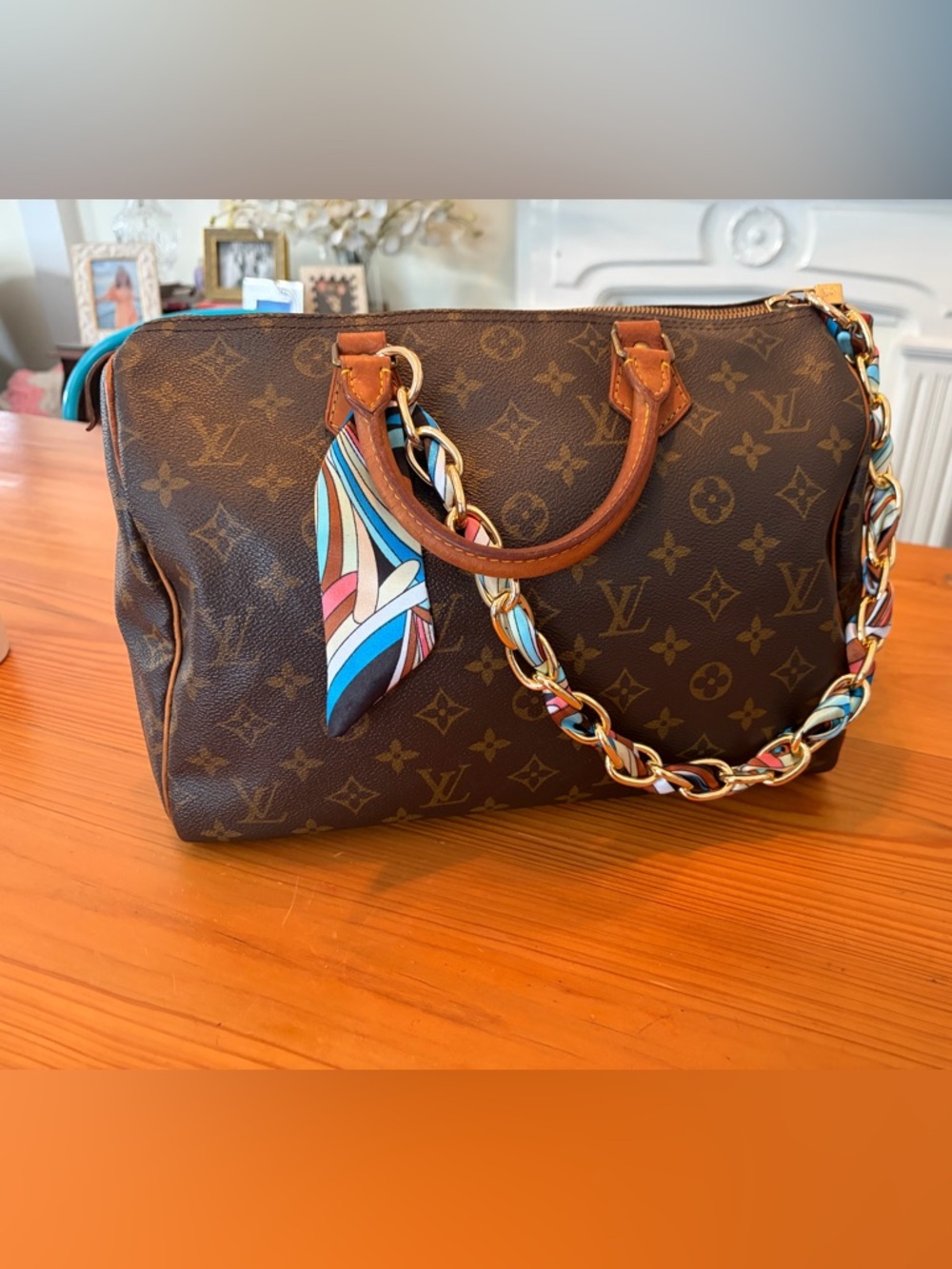 Louis Vuitton Speedy 30 with Multicolor Twilly and Chain